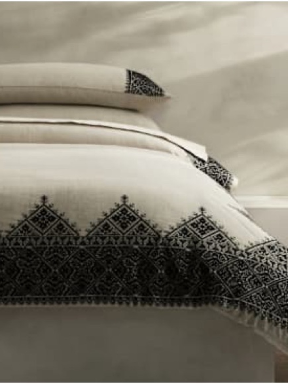 Cream Linen Cotton & Black Embroidered Duvet Cover Set, Banana Republic Cal King